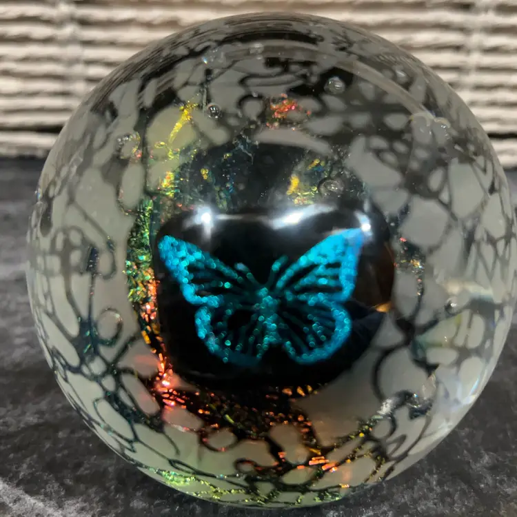 Judith C Via 1997 Signed Iridescent Butterfly Paperweight With Amazing Center