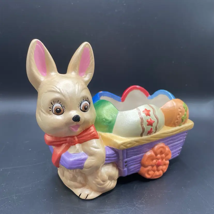 Iridescent Ceramic Easter Bunny Rabbit Wagon Planter Spring Holiday