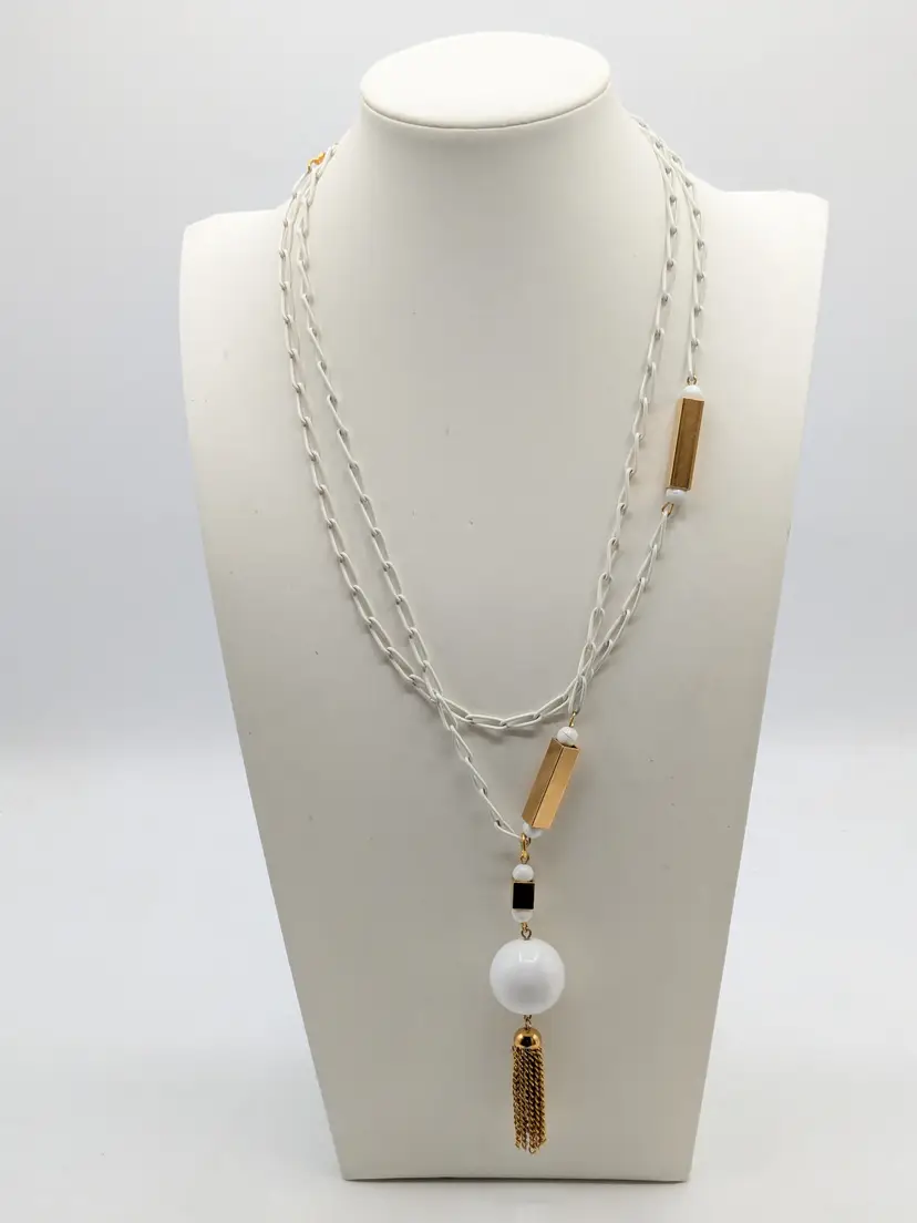 Vintage White Enamel Gold Tone Tassel Necklace