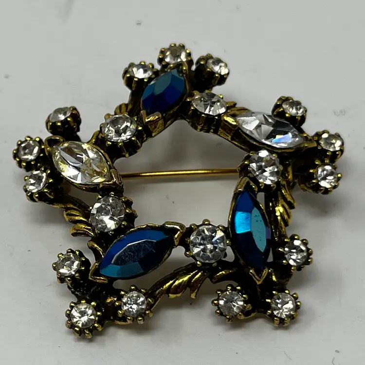 Vintage Gold Tone Brooch Pin Crystals Blue