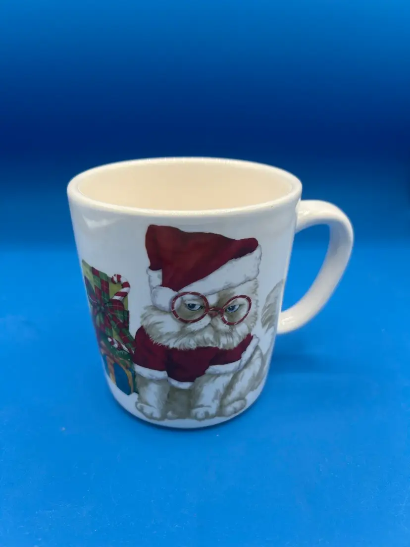 Pier One Ironstone Christmas mug W/ Grumpy Kitty Cat In Glasses