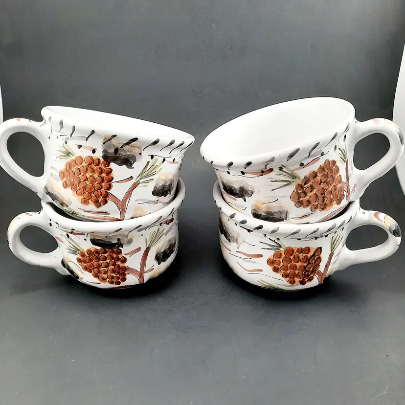 Winter Pinecone Soup Mugs Signed Handpainted Hungary Set of 4 Mesa International