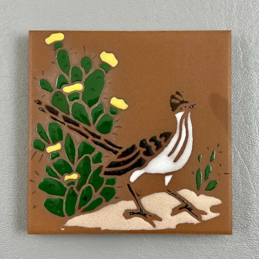 Vintage Southwest Native Roadrunner Cactus 4” Ceramic Tile Trivet Made In Italy