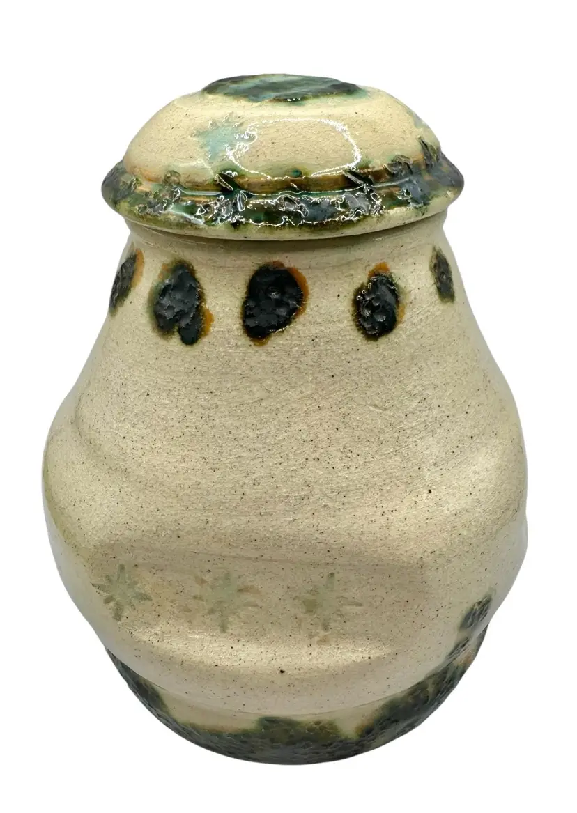 Signed Studio Art Pottery Lidded Canister Jar Urn Beige Aqua Green Star 6.5”