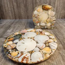 Vintage Lucite Set - Trivet and Napkin Holder with Shells