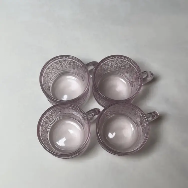 Set of 4 Claro By Godinger Pink Rose Embossed Glass Sandwich Tea Cups 4 oz.