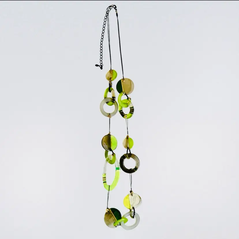 Vintage 90’s Designer Orna Lalo Lime Green & Gold Circle Disc Long Necklace