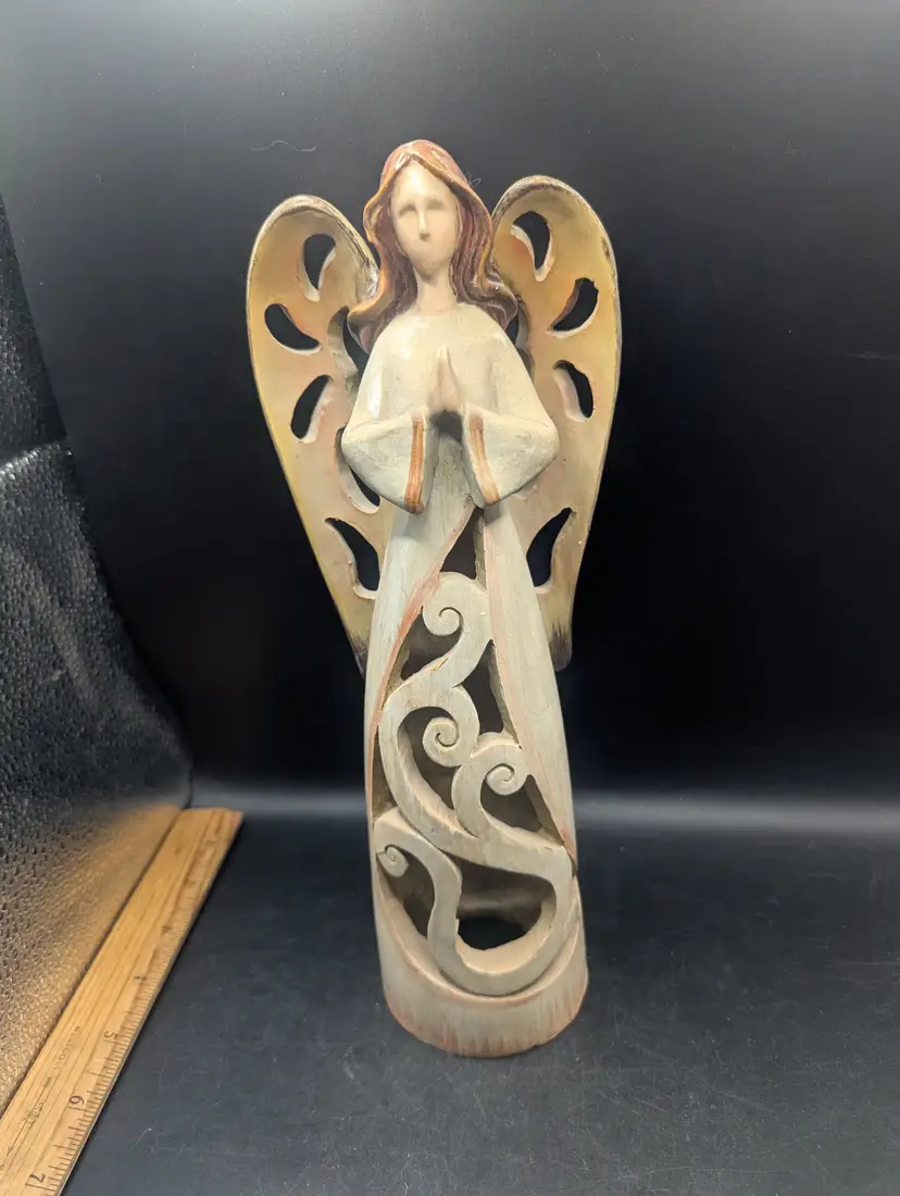 Vintage 12" Tall PRAYING ANGEL Resin Figurine Cutout Design Place For Light Bulb Cord but not included.