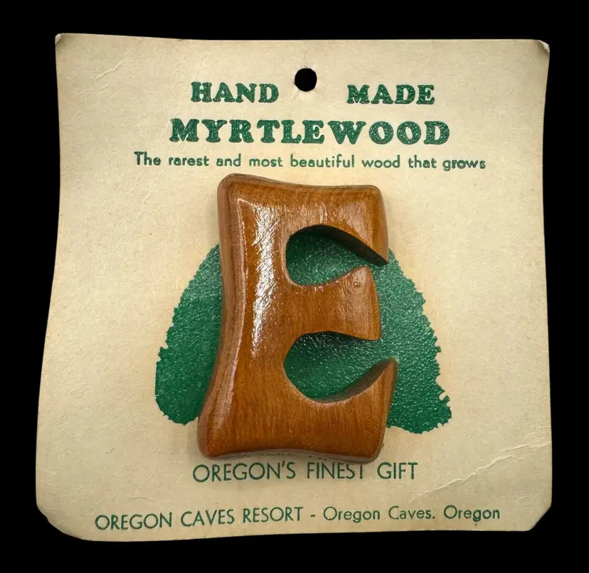 Vintage Myrtlewood Brooch Pin Initial Monogram Letter E Handmade Oregon 1.5”
