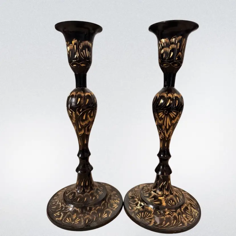(2) Vintage Made In India Brass & Black Etched Candle Stick Holders 7.25” EUC. Signed & Numbered