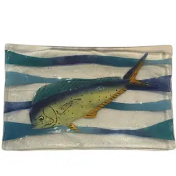 Fused Glass Mahi Mahi fish platter art glass Signed Pizzo Made In Hawaii Deep Sea Fishing