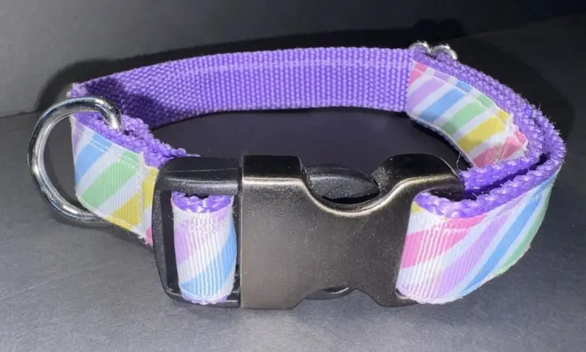Dog Collar Rainbow Purple Colors Large Handmade Heavy Duty With Buckle NEW