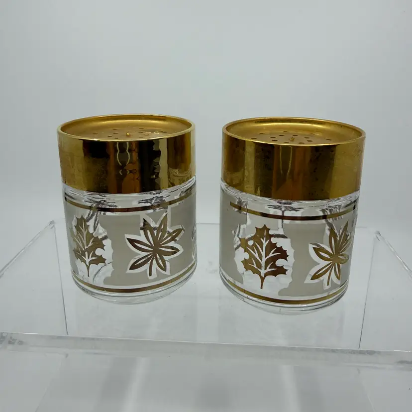 Vintage Libbey Starlyte Golden Foliage Salt&Pepper Shakers Frosted Glass Gold Leaves