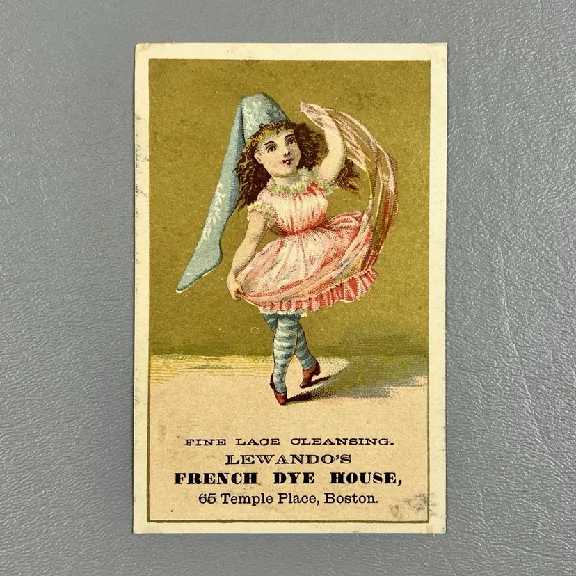 Victorian Trade Card Lewando's French Dye House Boston MA Dancing Girl 4.5x3"