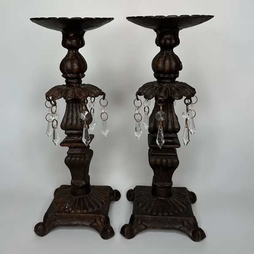 Antique Crystal Cast Iron Candle Holders - Victorian, Art Nouveau or Hollywood Regency Style Set/2