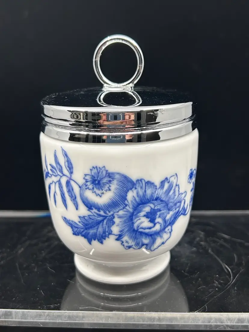 Vintage Blue & White Egg Coddler "Rhapsody" Royal Worcester Porcelain Chrome Lid