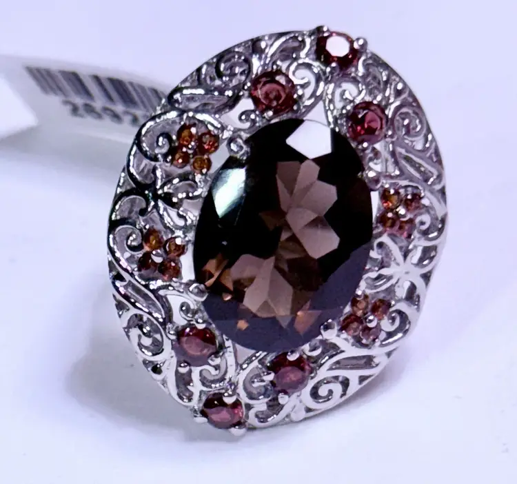 Brazilian Smokey Quartz & Marambi Garnet 9.6 Carats S. Steel Size 7 Ring