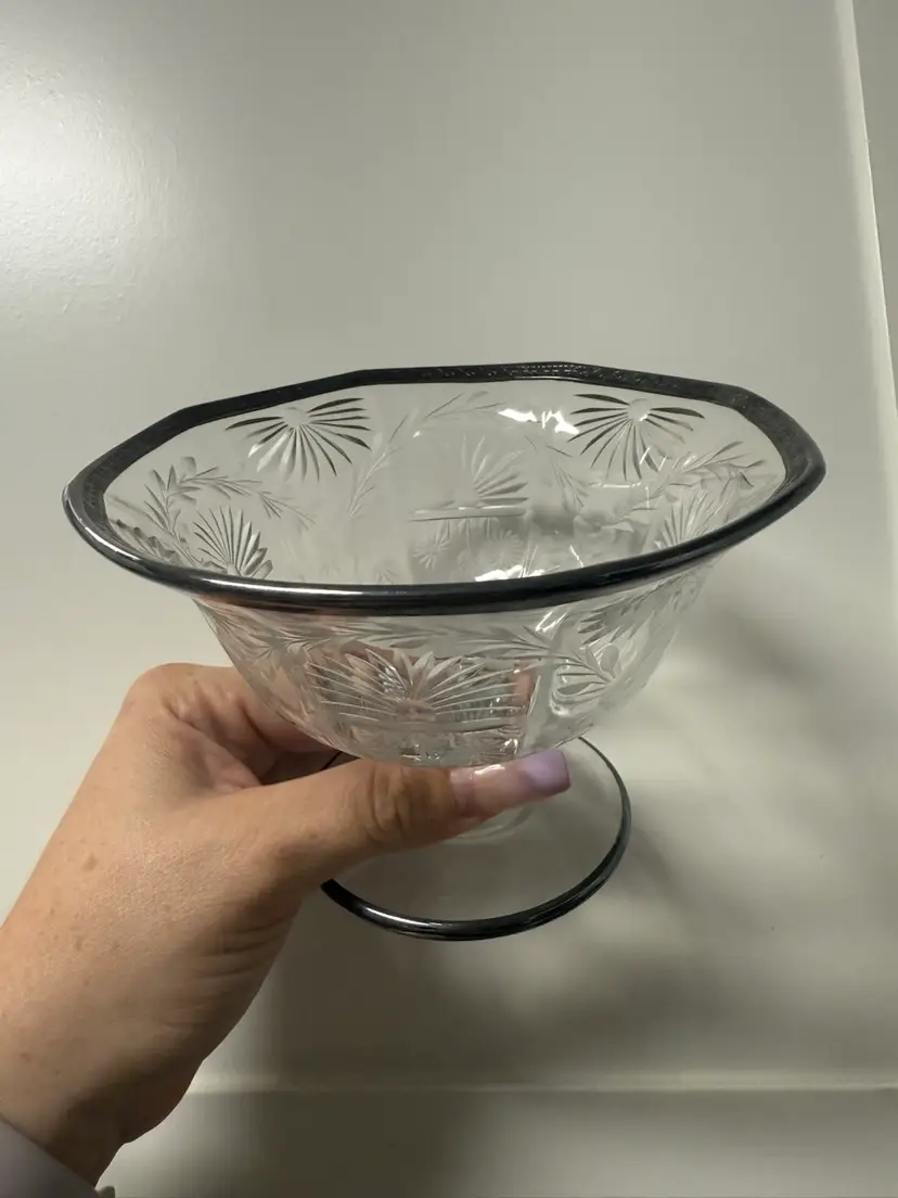 Antique Hand Cut Crystal Fine/ Sterling Silver Rimmed Pedestal Dish (Unmarked Acid Tested)