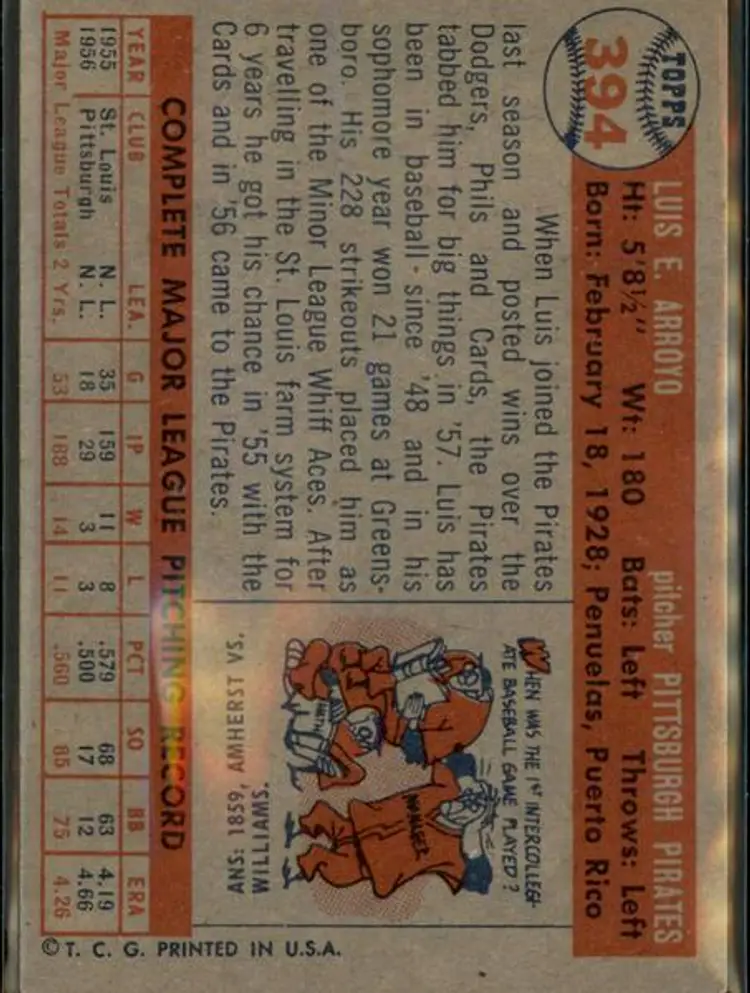 1957 Topps #394 Luis Arroyo - ( pk1 ) - Pittsburgh Pirates