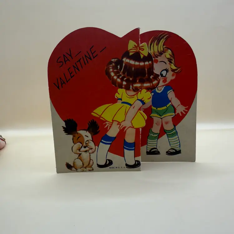 Vintage Valentine Say Valentine Kissing Die Cut Card - Used