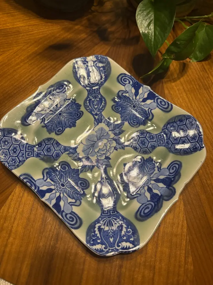 Hand-Painted Japanese Arita Sometsuke Plate | Blue & White Porcelain Square Serving Dish | Peony & Gourd Chinoiserie Motif, Circa 1910s