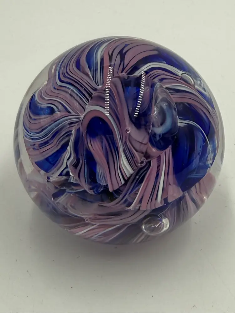 Karg Art Glass Round 3 Inch Paperweight Purple Blue White Swirled Crimped Ribbon