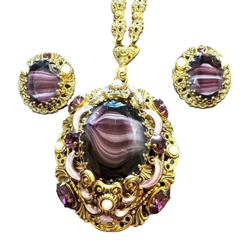 WEST GERMANY PURPLE SLAG GLASS NECKLACE AND EARRINGS FAUX PEARLS STATEMENT PIECE