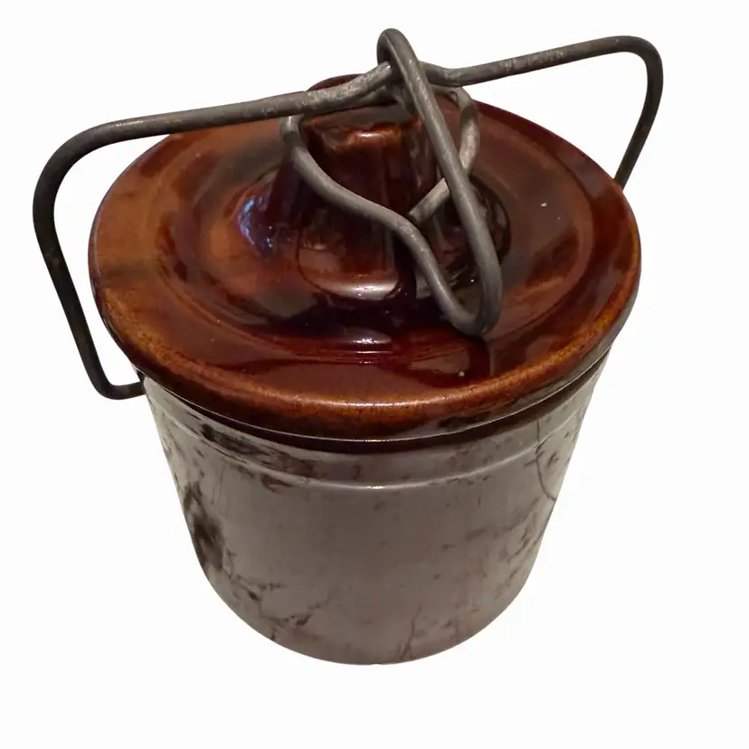 Vintage Stoneware Crock: Brown Glaze Pottery Jar with Bale Wire