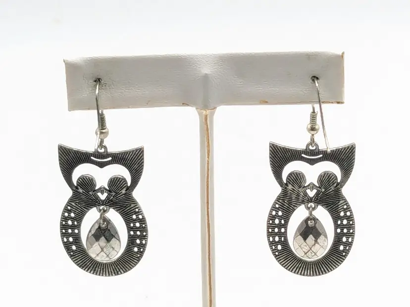 Vintage Silver Tone Owl Dangle Pierced Earrings