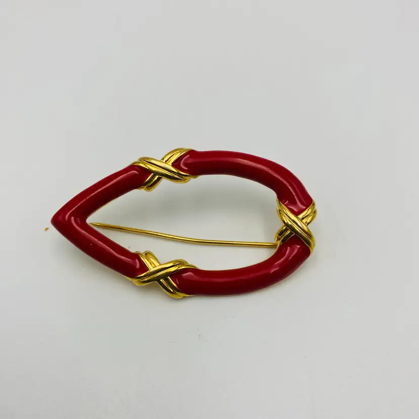 Vintage Monet Jewelry Goldtone Metal and Red Enamel Brooch Pin