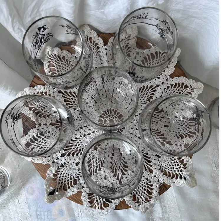 SET OF 6 VINTAGE MCM ROLY POLY GLASSES MEN IN OILFIELD