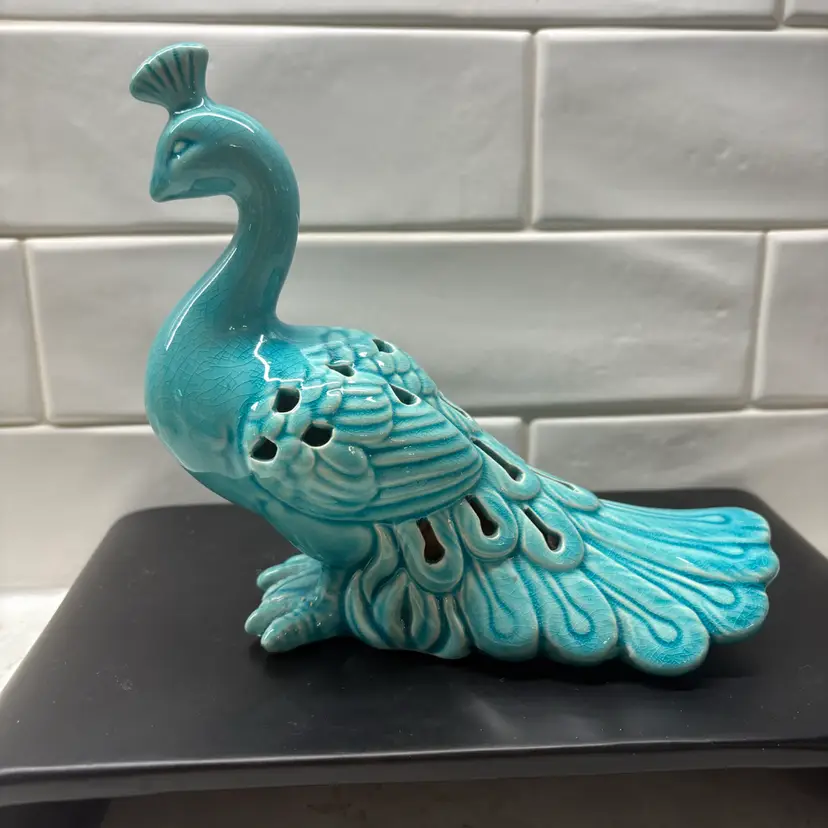 Vintage Turquoise Ceramic Peacock Potpourri Holder | Crackle Glaze Bird