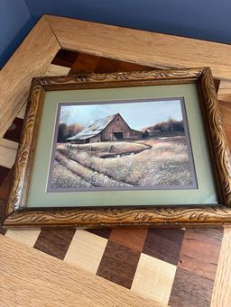 Wood framed and matted print by the artist Ruane Manning, depicting a rural scene with a barn.