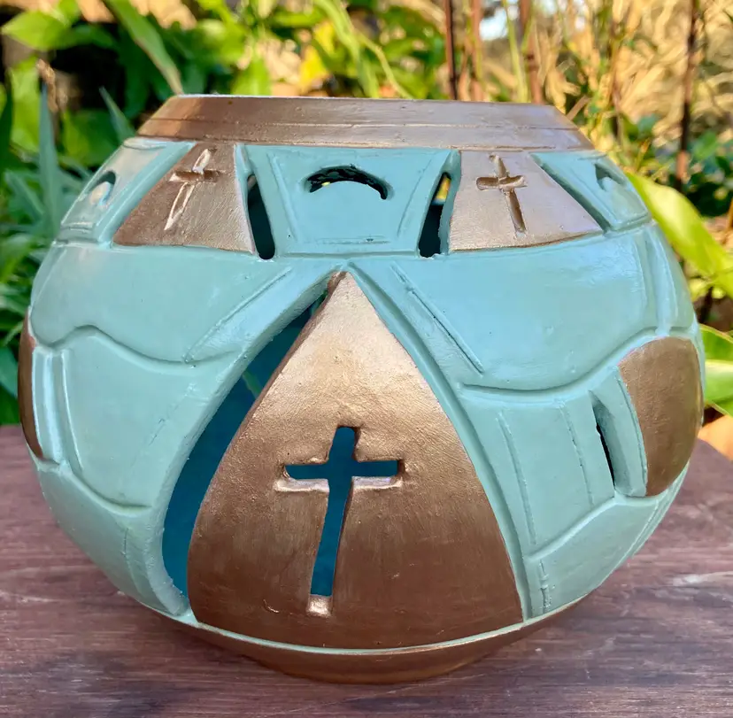 Candle Holder Large Pottery Mississippi Mud Works Religion Cross Signed & Dated