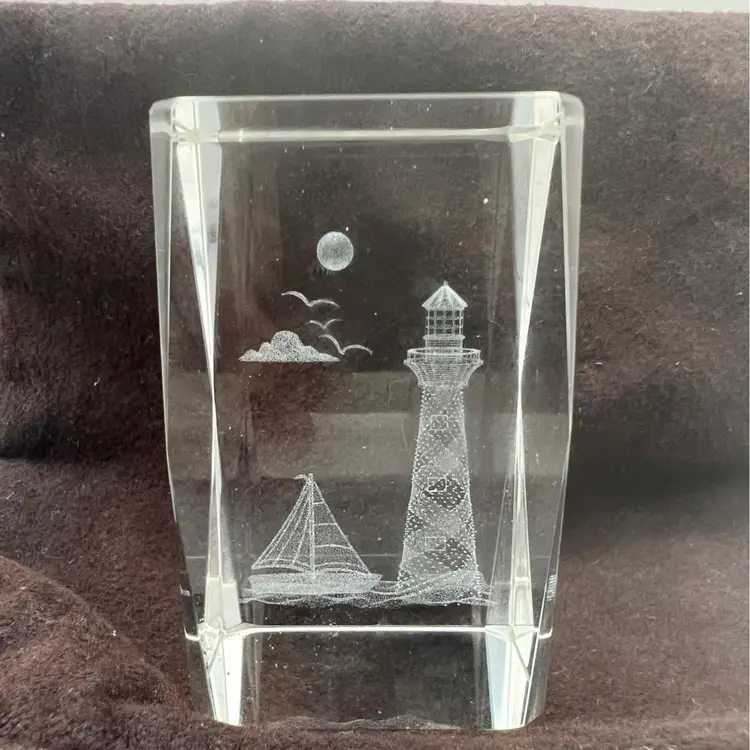 Laser Etched Crystal Cube Paperweight With Lighthouse & Sailboat Design 3" x 2"
