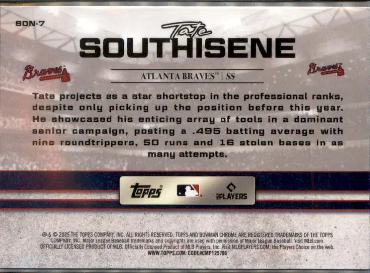 2025 Bowman Draft #BDN-7 Tate Southisene Bowman Draft Night - (138) - Atlanta Braves