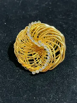 Vintage Mid-Century Modern Gold Tone Wire Nest Swirl Brooch, Clear Rhinestone S-Curve Pin, 1950s Atomic Era Costume Jewelry