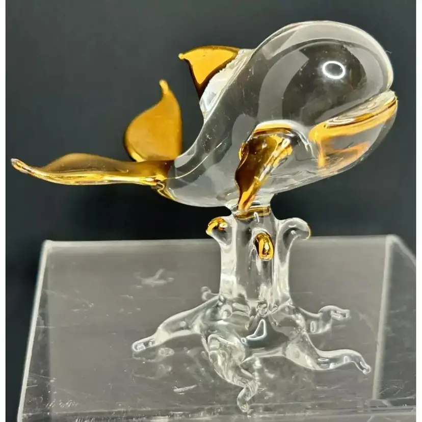 Vintage Handblown Smiling Whale Clear Glass & Gold Fins Glass Sculpture Figurine