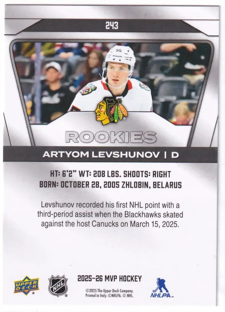 2025-26 Upper Deck MVP #243 Artyom Levshunov SP RC Chicago Blackhawks Hockey Card