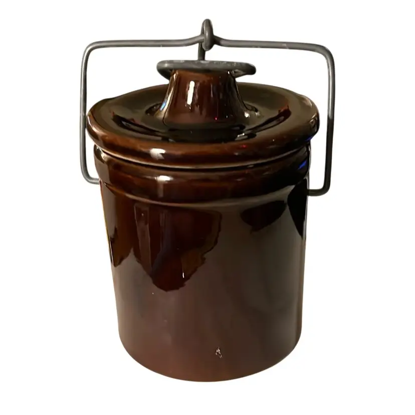 Stoneware Brown Glazed Butter Cheese Crock Jar Wire Bail Latch Country Farm 4β