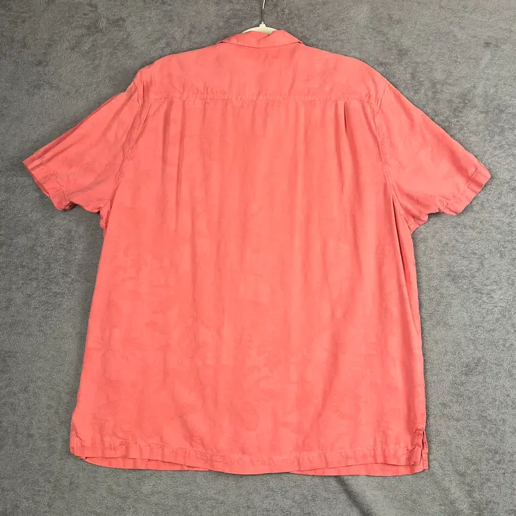 Tommy Bahama Shirt Men’s XL 100% Silk Camp Coral Jacquard Palm Print Short Sleeve