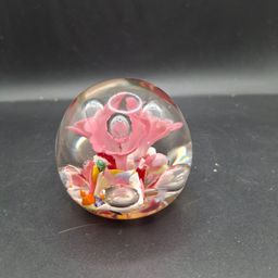 Handcrafted Glass Paperweight With Pink Trumpet Encased Floral Design