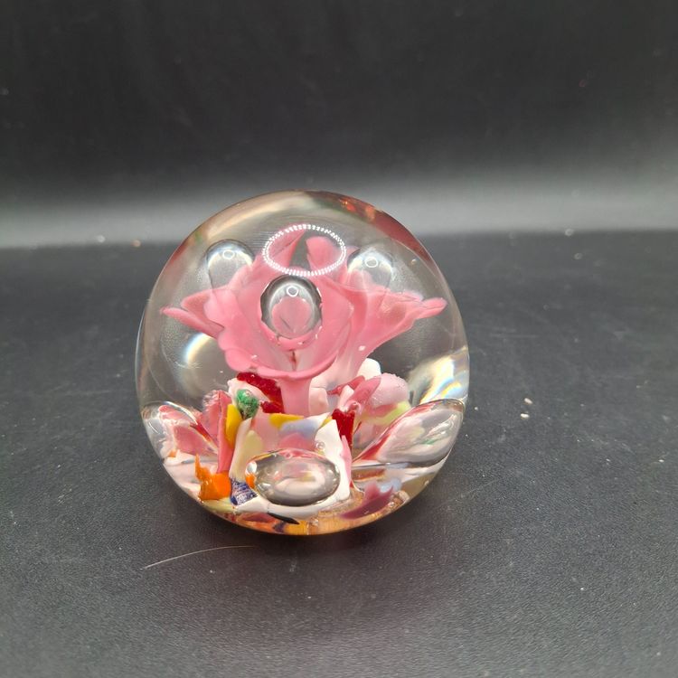 Handcrafted Glass Paperweight With Pink Trumpet Encased Floral Design