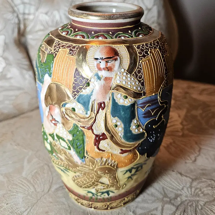 Vintage Satsuma Moriage Vase with Immortals Design