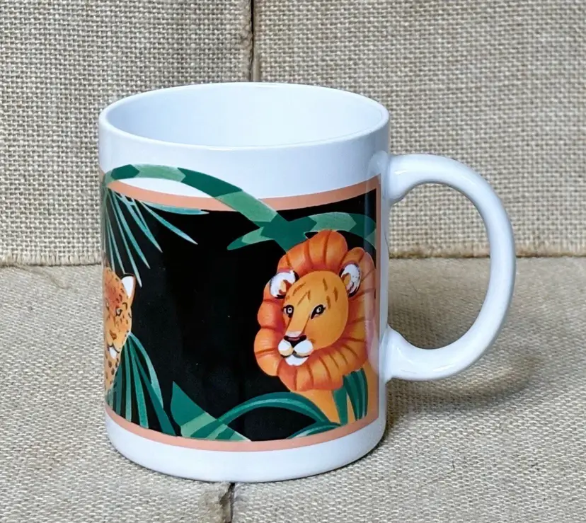 Vintage Otagiri Jungle Safari Coffee Mug Cup Lion Leopard Antelope Colorful