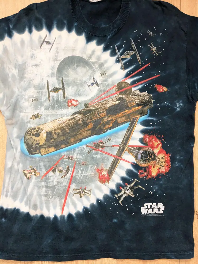 Vintage Graphic Shirt Star Wars Liquid Blue Tee 1997 Millennium Falcon Death Star