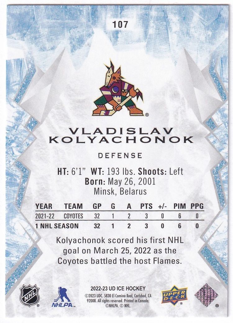 2022-23 Upper Deck Ice Orange #107 Vladislav Kolyachonok Arizona Coyotes Hockey Card