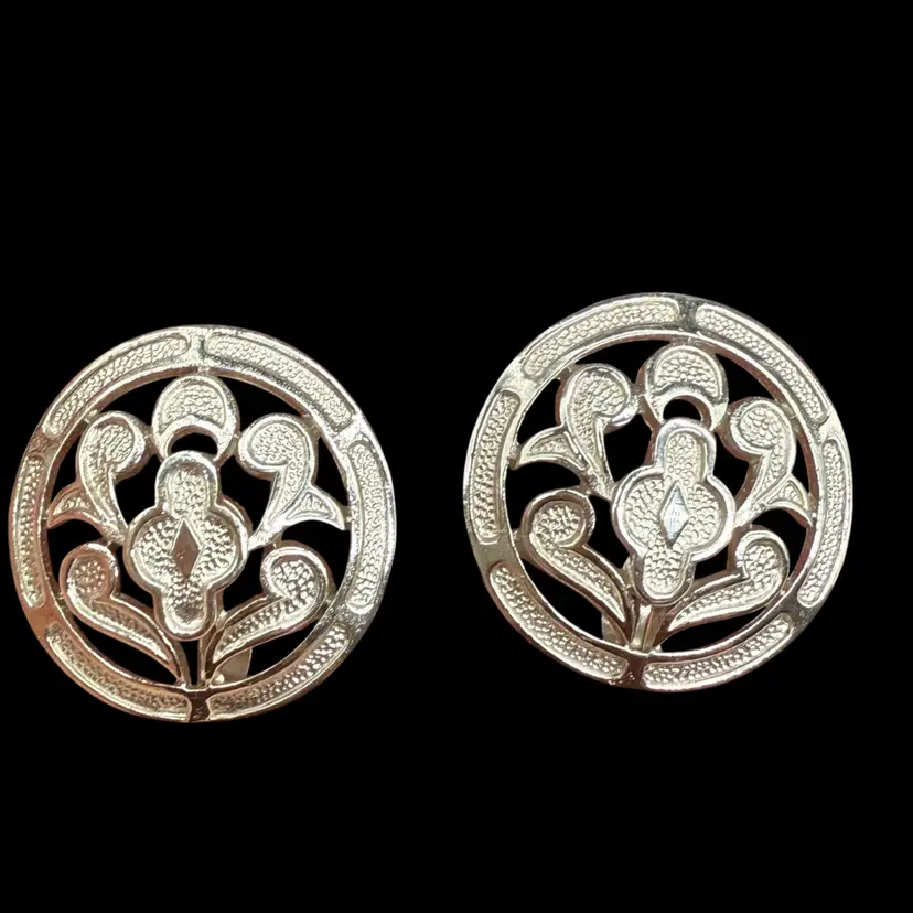 Crown Trifari Silver Tone Floral Open Work Earrings 1”