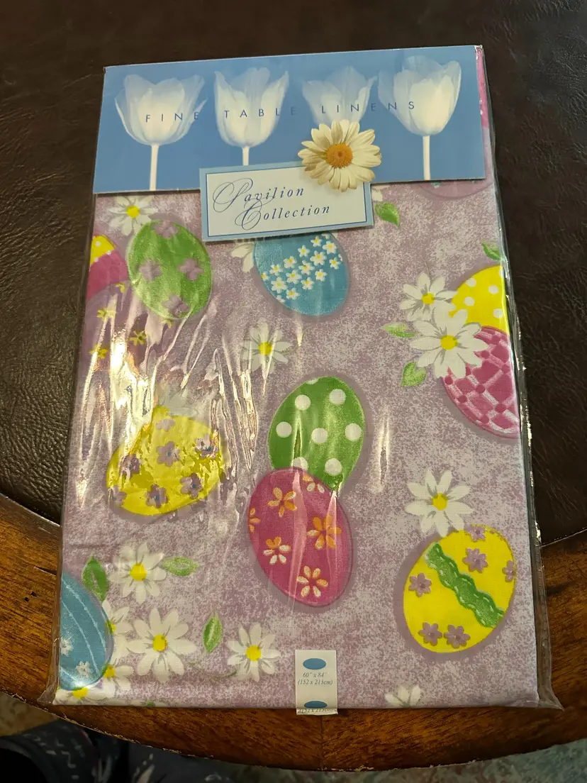 MultiColored Easter Eggs Spring Daisies Dots Pastel 60x84 Oblong Tablecloth NWOT
