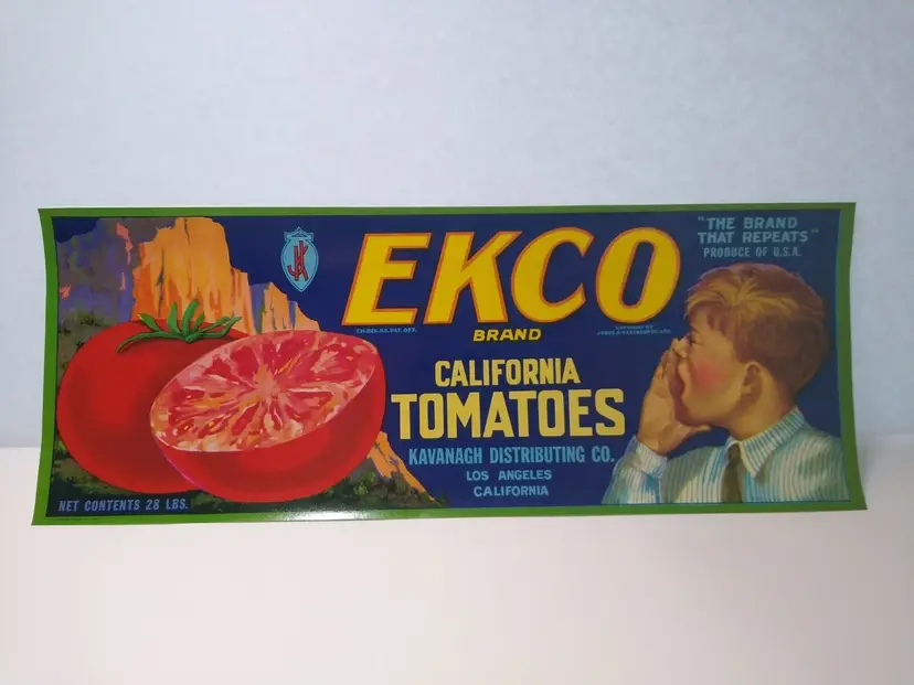 Ekco Tomatoes Crate Label Young Yelling Boy Mountain Original Vintage 1930's